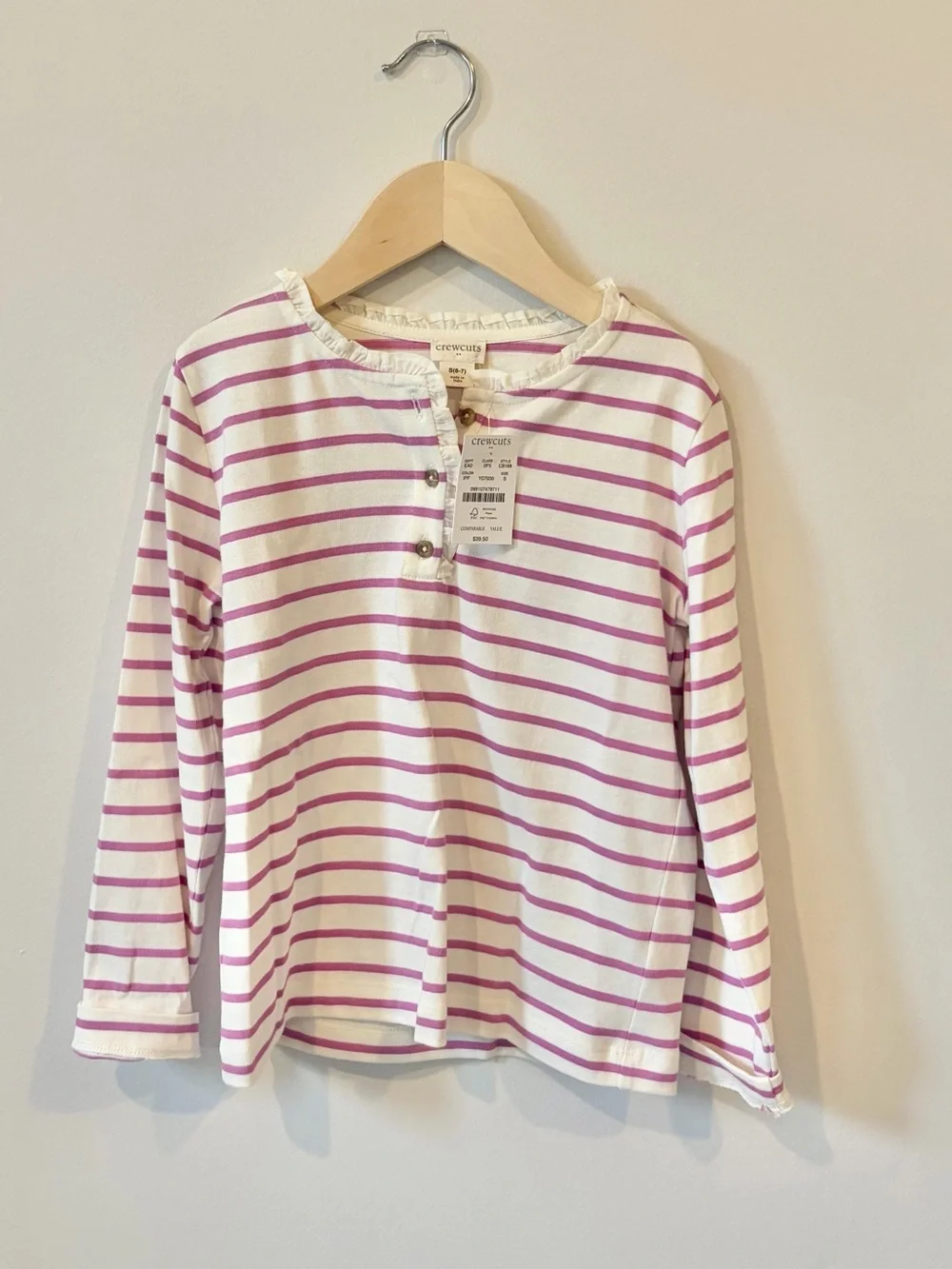 NWT Crewcuts Girls Striped Henley Long Sleeve Tee Size S (6/7)